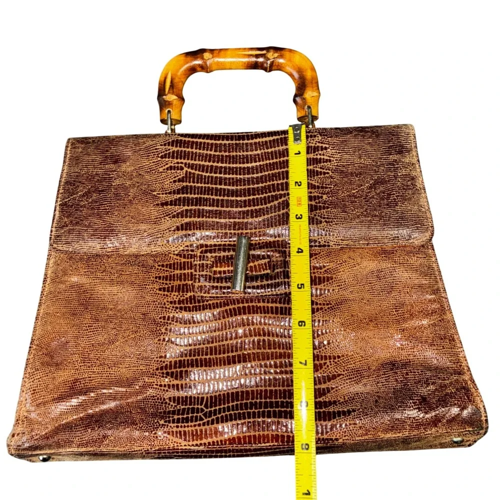 Vintage Due Fratelli Brown Lizard Embossed Leather Bamboo Top Handle Bag Satchel